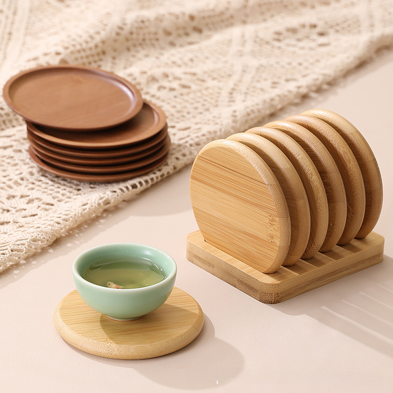 Coffee Tea Place - Coaster bulat bambu Anti melepuh terisolasi